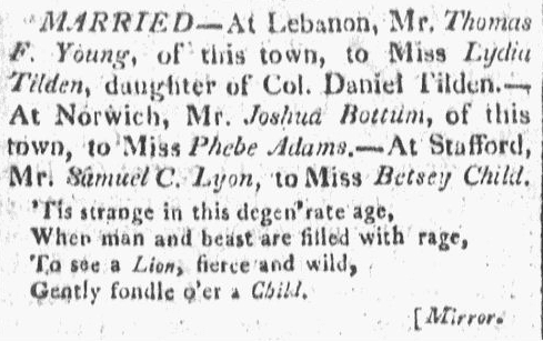 Marriage notice for Thomas Fitch Young and Lydia Tilden, Windham Herald newspaper article 4 June 1812