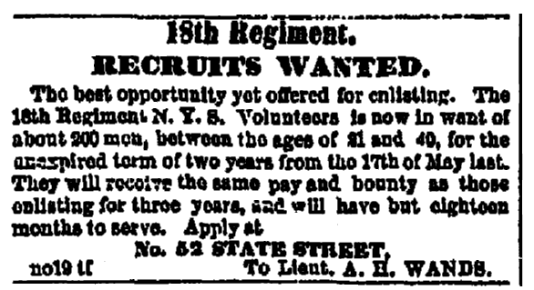 A newspaper recruitment ad for the U.S. Civil War, Albany Evening Journal newspaper advertisement 30 December 1861