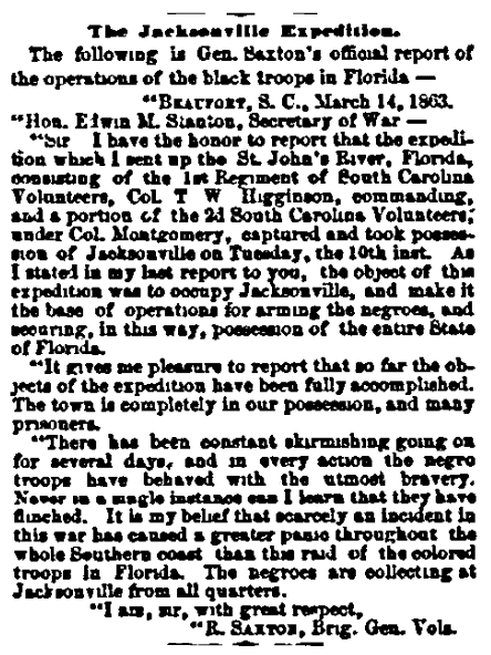 An article about Civil War action around Jacksonville, Florida, Boston Daily Advertiser newspaper article 31 March 1863