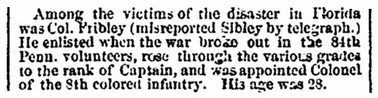 An article about the death of Col. Fribley in the Civil War, Boston Traveler newspaper article 2 March 1864