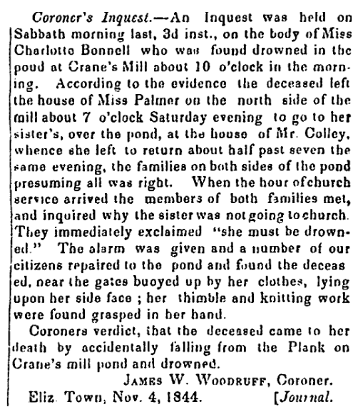 A coroner's inquest for Charlotte Bonnell, Centinel of Freedom newspaper article 12 November 1844