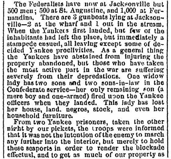 An article about Civil War action around Jacksonville, Florida, Charleston Mercury newspaper article 31 March 1862