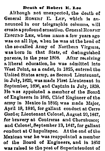 An obituary for Confederate General Robert E. Lee, Cincinnati Commercial Tribune newspaper article 13 October 1870