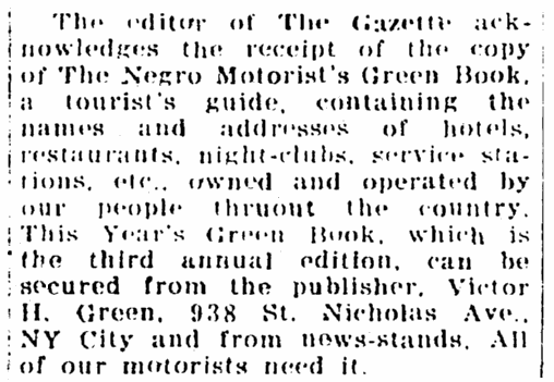 An article about "The Green Book," a guide for African American travelers back in the segregated Jim Crow days, Cleveland Gazette newspaper article 26 August 1939