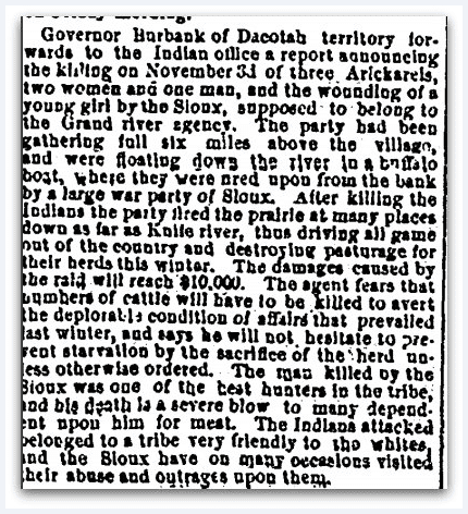 An article about an attack on Arikara Indians by a Sioux war party, Connecticut Courant newspaper article 15 January 1870