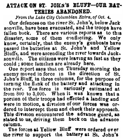 An article about Civil War action around Jacksonville, Florida, Daily Constitutionalist newspaper article 12 October 1862