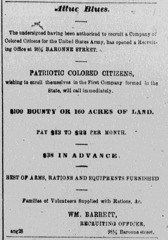A newspaper recruitment ad for the U.S. Civil War, Daily Delta newspaper article 18 October 1862