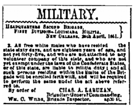 A Civil War draft announcement, Daily True Delta newspaper article 1 May 1861