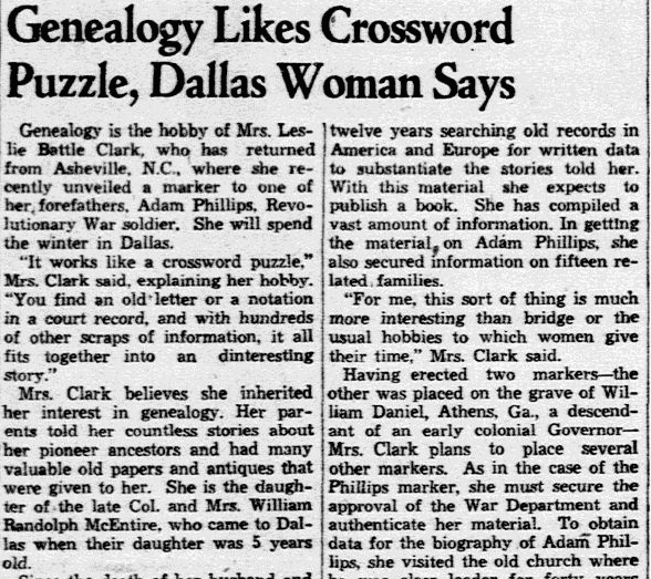 An article about genealogy and crossword puzzles, Dallas Morning News newspaper article 23 October 1938