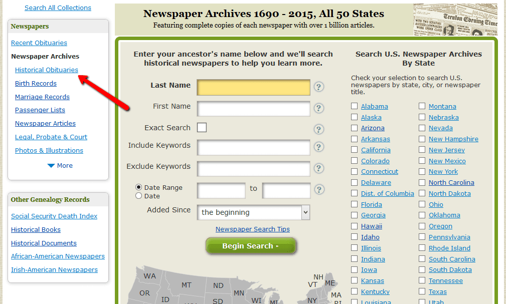 A screenshot of GenealogyBank's newspapers search page showing the option to search historical obituaries