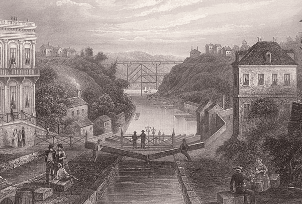 Illustration: lithograph of the Erie Canal at Lockport, New York, c.1855. Published for Herrman J. Meyer, 164 William Street, New York City. Credit: Wikimedia Commons.