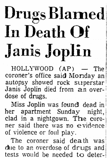 An article about the death of rock singer Janis Joplin, Mobile Register newspaper article 6 October 1970