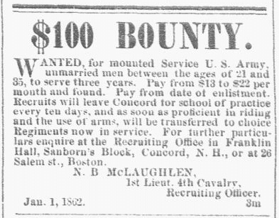 A newspaper recruitment ad for the U.S. Civil War, New Hampshire Patriot and State Gazette newspaper advertisement 1 January 1862