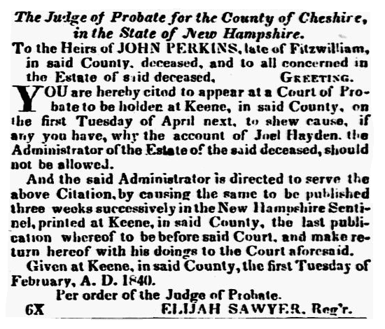 A probate notice for John Perkins, New Hampshire Sentinel newspaper article 12 February 1840