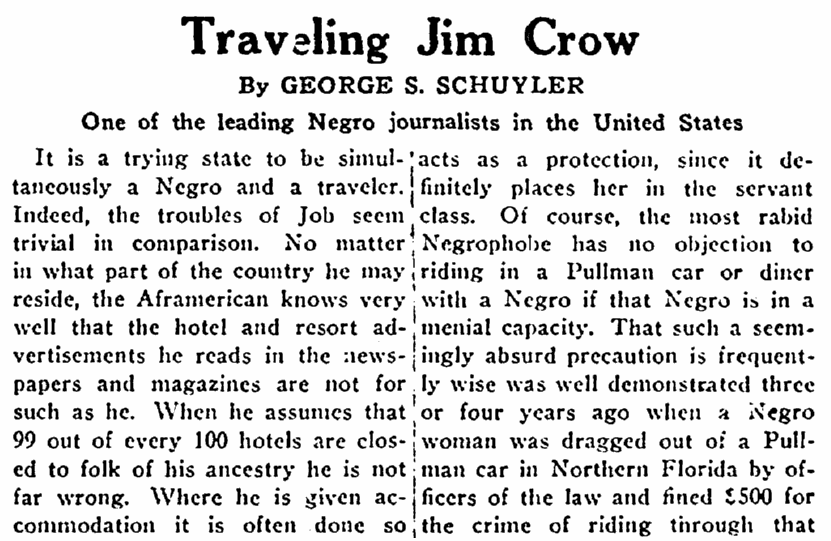 An article about the difficulties African American travelers faced back in the segregated Jim Crow days, New Yorker Volkszeitung newspaper article 21 September 1930