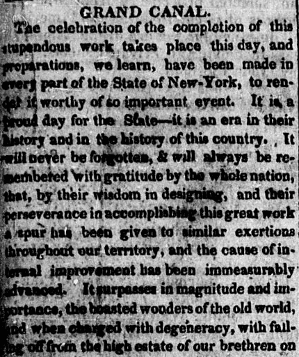 An article about the opening of the Erie Canal, Norwich Courier newspaper article 26 October 1825
