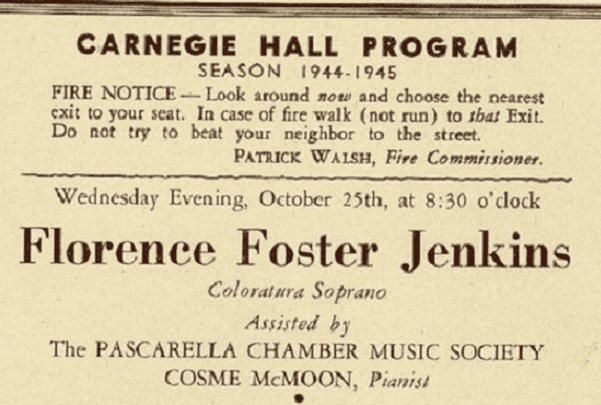 Photo: Florence Foster Jenkins program for a concert at Carnegie Hall on 25 October 1944. Credit: Wikimedia Commons.