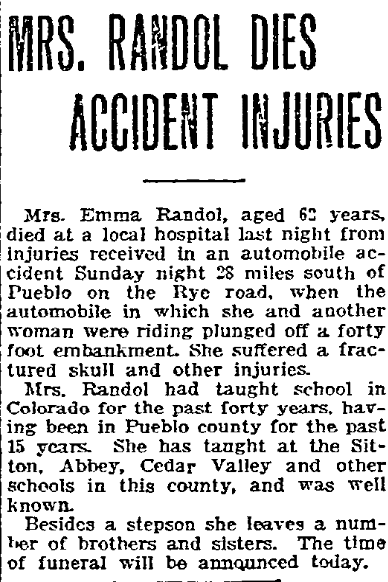 A death notice for Emma Randol, Pueblo Chieftain newspaper article 13 August 1918