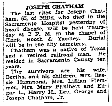 An obituary for Joseph Chatham, Sacramento Bee newspaper article 16 January 1940