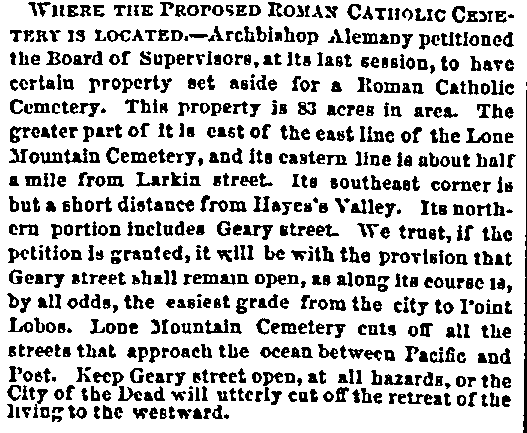 An article about a Roman Catholic cemetery, San Francisco Bulletin newspaper article 5 September 1860