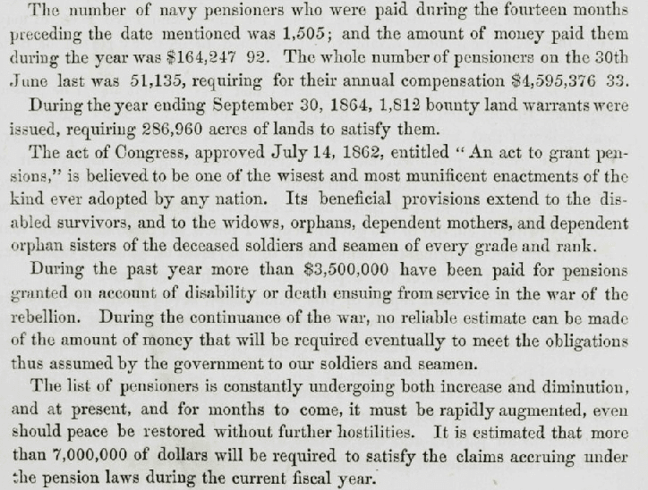A report on military pensions during the Civil War, U.S. Congressional Serial Set Vol. No. 1220, Report: H.Exec.Doc. 1 pt. 5, 5 December 1864
