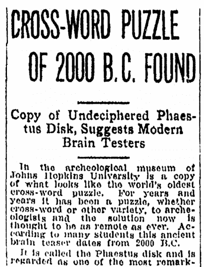 An article about the Phaistos Disc from ancient Crete, Tampa Tribune newspaper article 2 December 1924