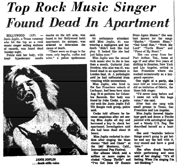 An article about the death of rock singer Janis Joplin, Trenton Evening Times newspaper article 5 October 1970