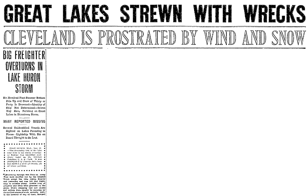 An article about the Great Lakes Storm of 1913, Bellingham Herald newspaper article 11 November 1913