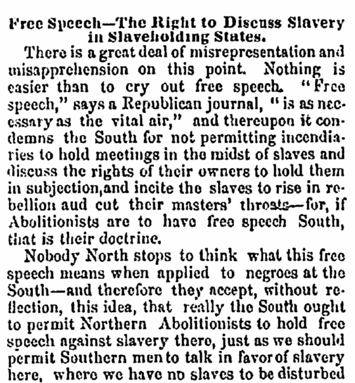 An article about free speech and slavery in the South, Columbian Register newspaper article 12 May 1860