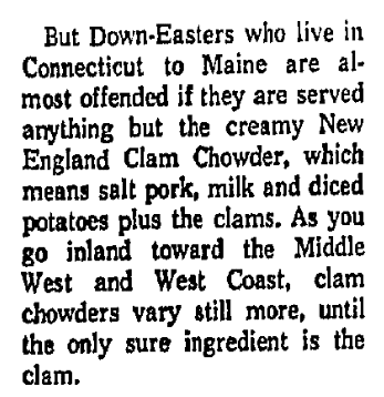 An article about clam chowder, Dallas Morning News newspaper article 9 January 1964