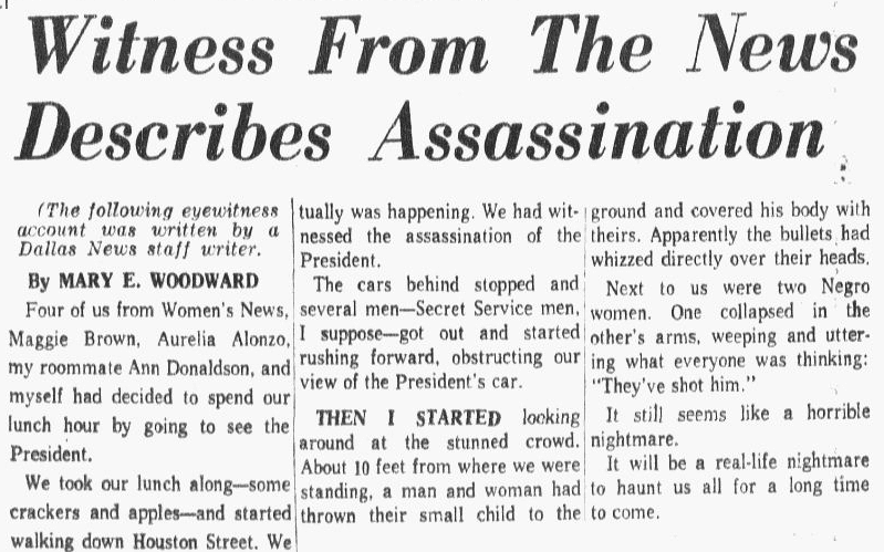 An article about the assassination of President John F. Kennedy, Dallas Morning News newspaper article 23 November 1963