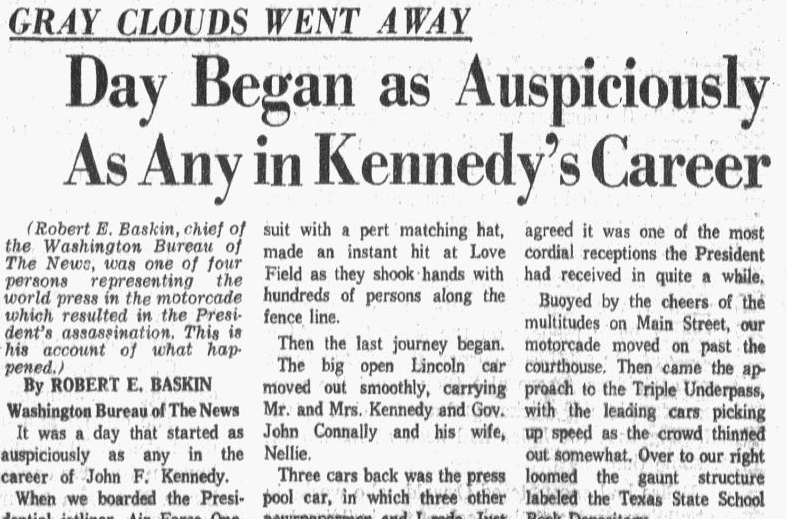 An article about the assassination of President John F. Kennedy, Dallas Morning News newspaper article 23 November 1963