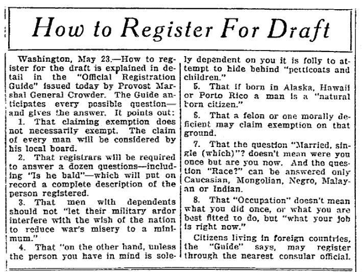 An article about draft registration for World War I, Elkhart Truth newspaper article 23 May 1917
