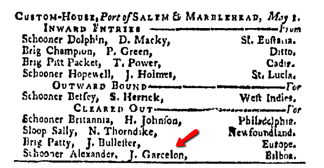 A shipping list, Essex Gazette newspaper article 2 May 1769