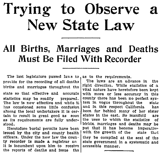 An article about vital records registration in California, Evening News newspaper article 24 May 1905