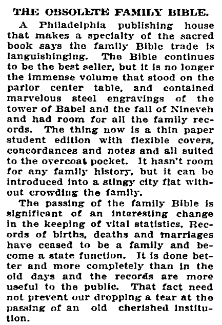 An article about family Bibles, Idaho Statesman newspaper article 7 January 1911