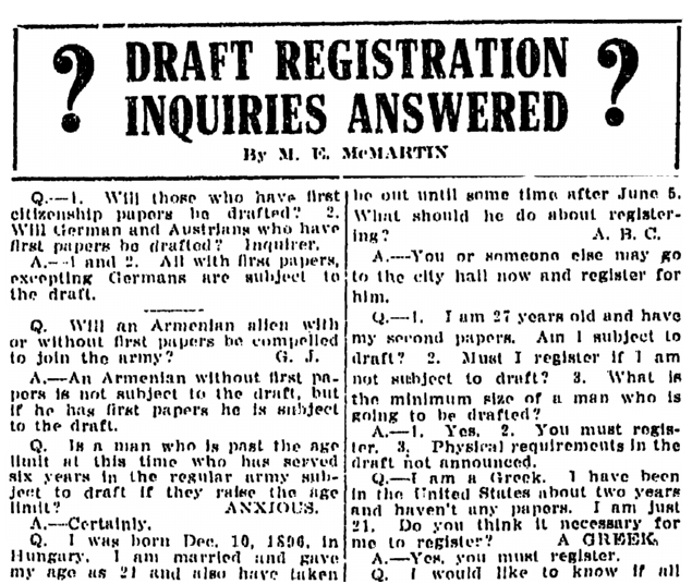 An article about draft registration for World War I, Kalamazoo Gazette newspaper article 2 June 1917