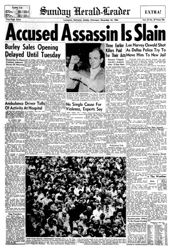 An article about Jack Ruby killing Lee Harvey Oswald, Lexington Herald newspaper article 24 November 1963
