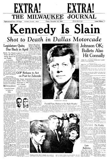 An article about the assassination of President John F. Kennedy, Milwaukee Journal-Sentinel newspaper article 22 November 1963