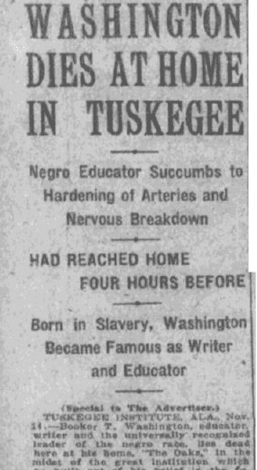 An obituary for Booker T. Washington, Montgomery Advertiser newspaper article 15 November 1915