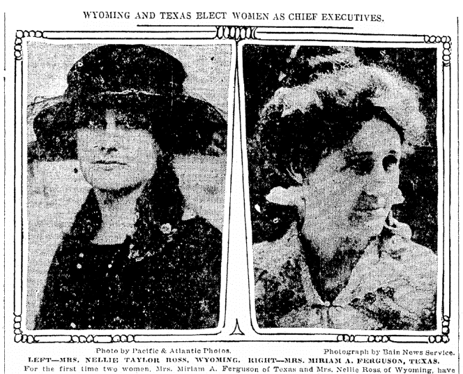 An article about the elections of Miriam A. Ferguson and Nellie Tayloe Ross, Oregonian newspaper article 6 November 1924