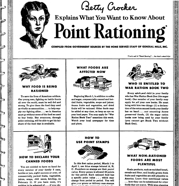 An ad about food rationing during World War II featuring Betty Crocker, Register-Republic newspaper advertisement 22 February 1943