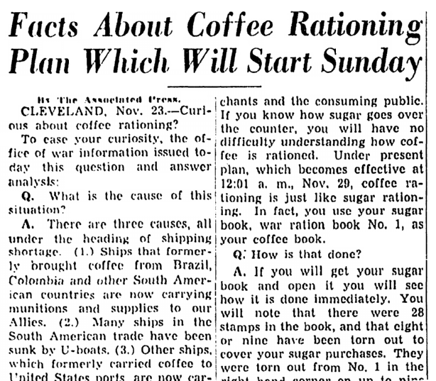An article about coffee rationing during World War II, Repository newspaper article 23 November 1942
