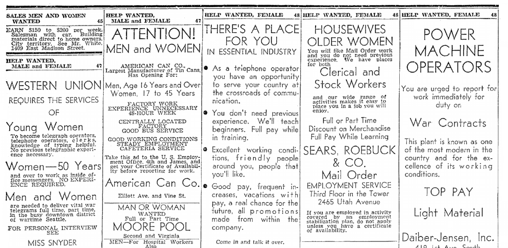 Classified ads, Seattle Daily Times newspaper advertisements 10 June 1943