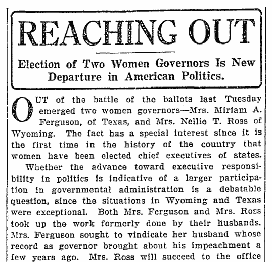 An article about the elections of Miriam A. Ferguson and Nellie Tayloe Ross, Seattle Daily Times newspaper article 9 November 1924