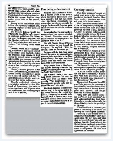 An article about descendants of the Mayflower Pilgrims, State newspaper article 26 November 1992