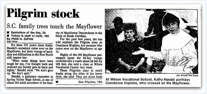 An article about descendants of the Mayflower Pilgrims, State newspaper article 26 November 1992