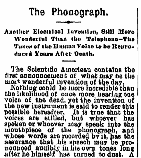 An article about Thomas Edison inventing the phonograph, Times-Picayune newspaper article 9 December 1877