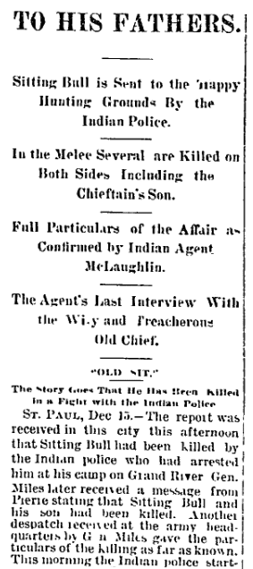 An article about the death of Sitting Bull, Aberdeen Daily News newspaper article 16 December 1890