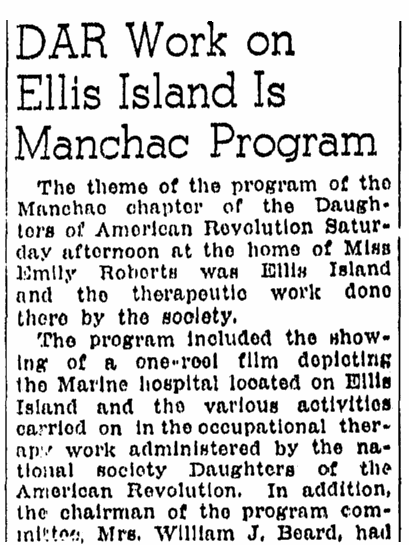 An article about the Daughters of the American Revolution and their work on Ellis Island, Advocate newspaper article 11 January 1944